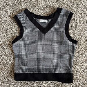 Y2K Sweater Vest XS Womens Plaid Check Knit Preppy Academia Cottagecore Gray/Blk